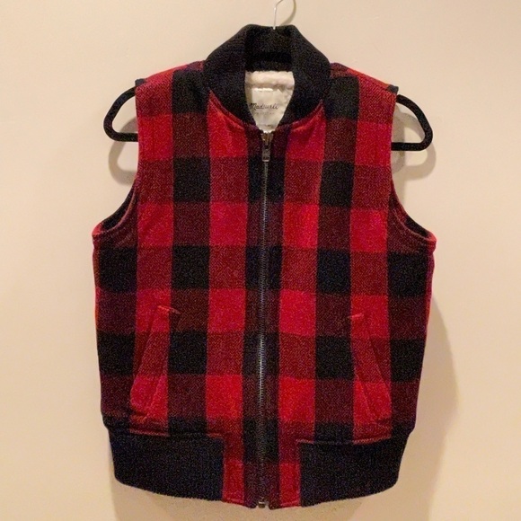 MADEWELL | Black & Red Wool Buffalo Plaid Sherpa Lined Vest | Size Small - Picture 5 of 12